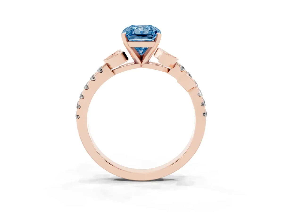 Fancy Blue Radiant Cut Solitaire Leaf-Inspired Diamond Ring with Pavé Band and Four-Prong Setting Rose gold