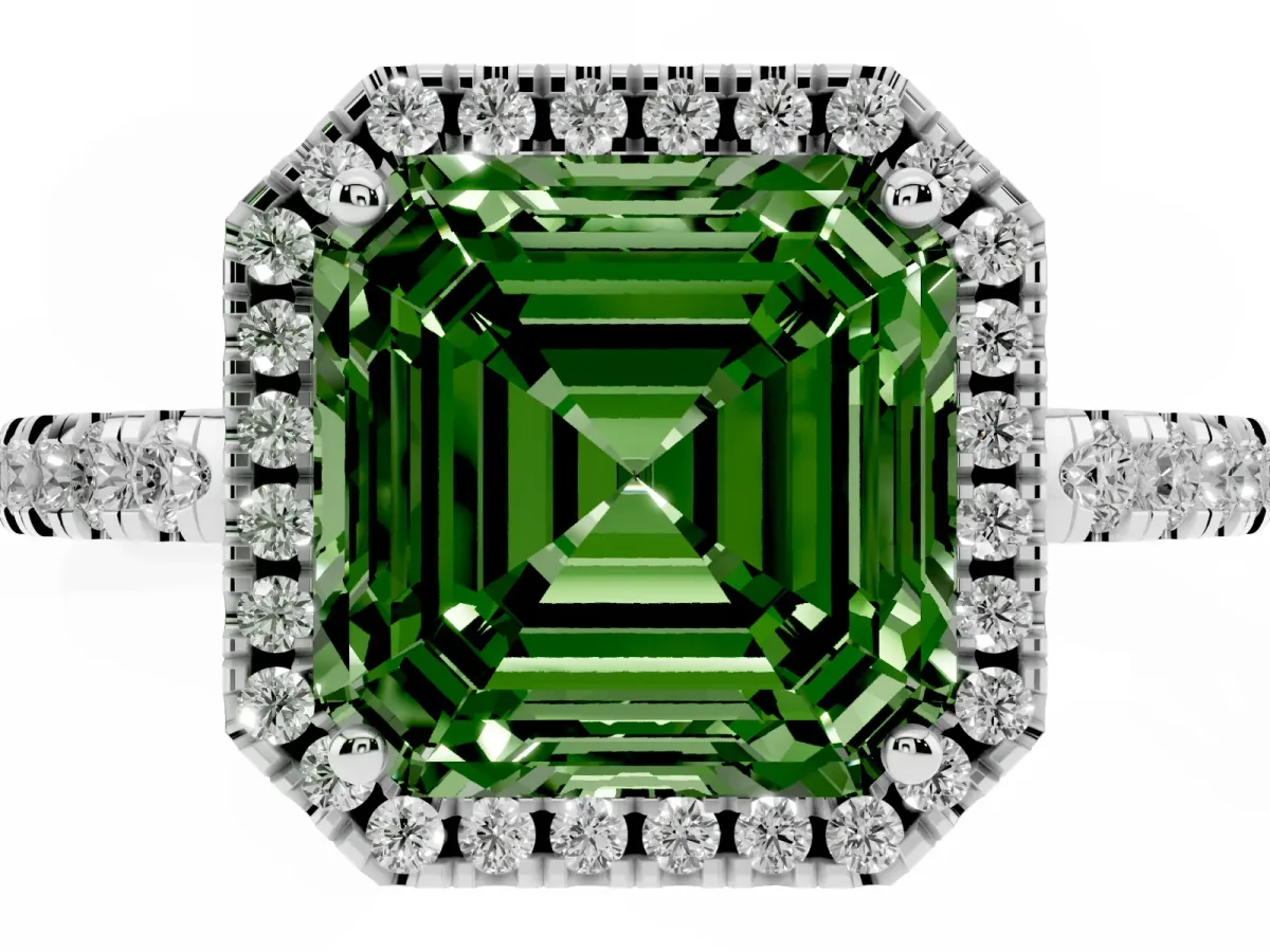 Fancy Green Asscher Cut Halo Diamond Engagement Ring with Pavé Band and Four-Prong Setting Platinum