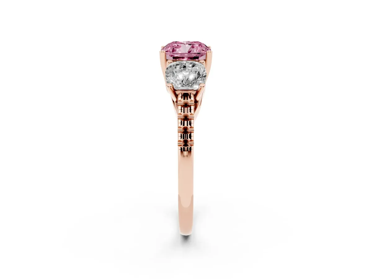 Fancy Pink Three-Stone Cushion Cut Diamond Ring with Round Pavé Band and Prong Setting Rose gold