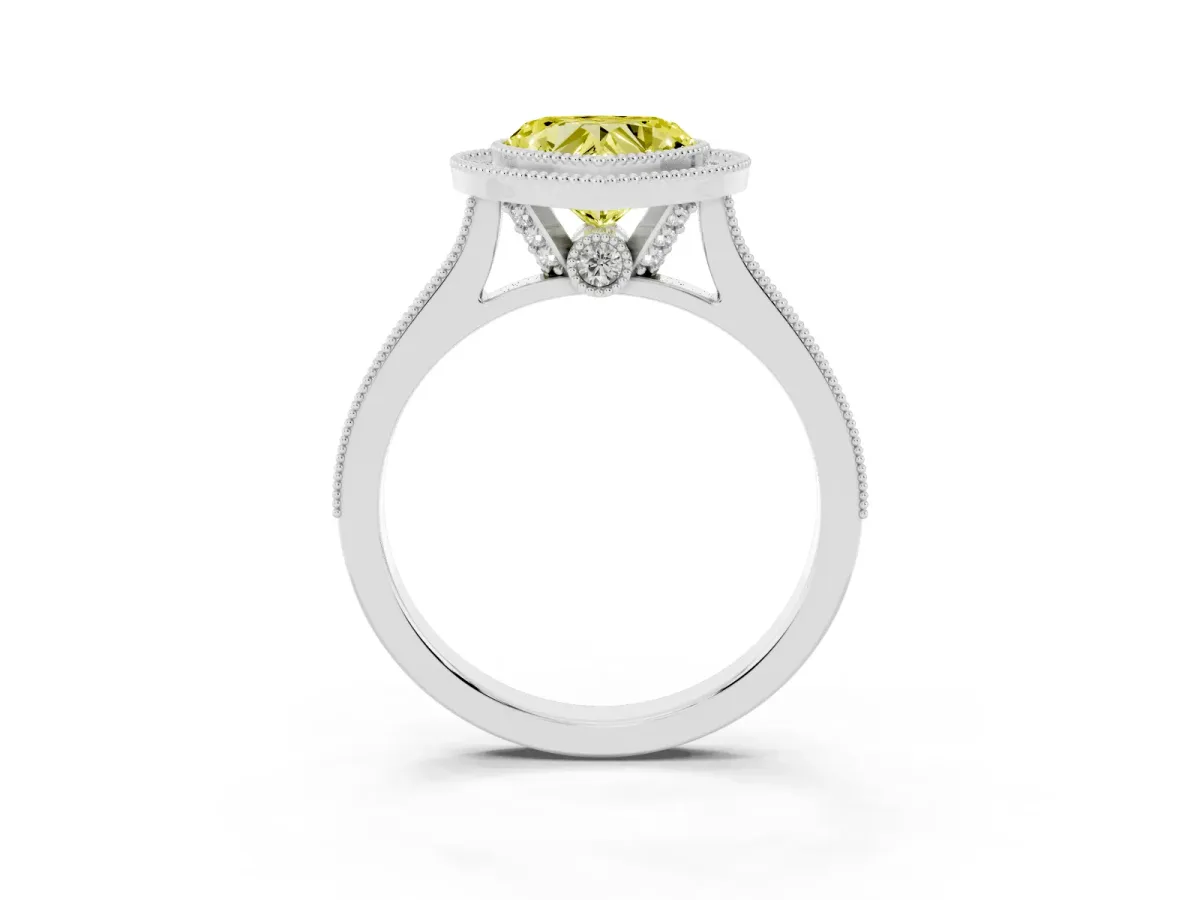 Fancy Yellow Halo Heart Cut-Cut Diamond Pave Band Milgrain Prong Setting Ring Silver