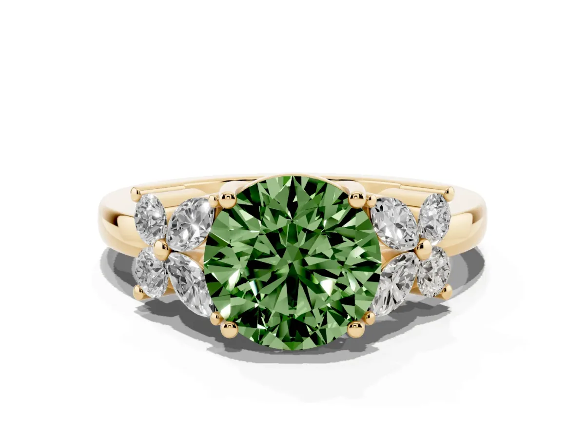Fancy Green Round Cut Diamond Floral Cluster Ring with Solitaire Band and Prong Setting Yellow gold