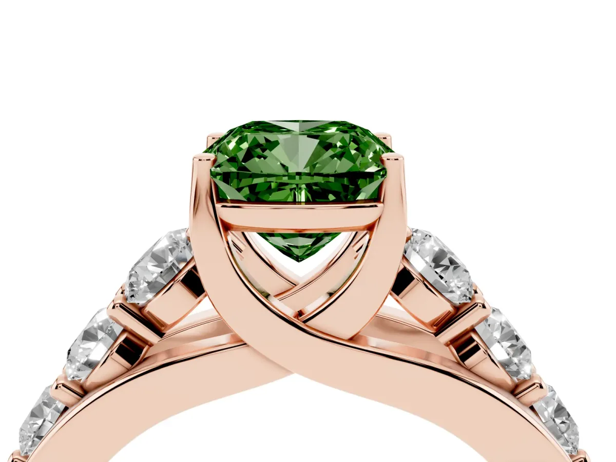 Fancy Green Cushion Cut Diamond Engagement Ring with Pavé Band and Four-Prong Setting Rose gold