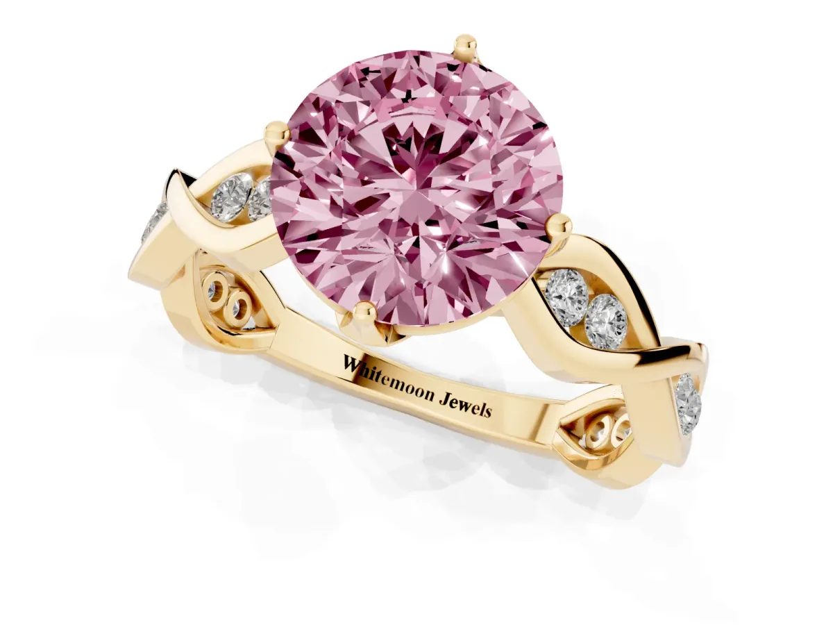 Fancy Pink Round Cut Solitaire Twist Band with Leaf Prong Setting Yellow gold