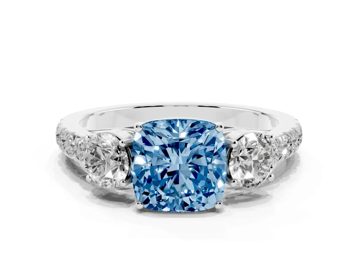 Fancy Blue Cushion Cut Cut Diamond Three-Stone Ring with Round Side Stones and Pavé Band Silver