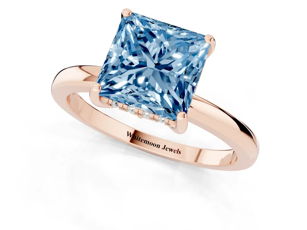 Fancy Blue Princess Cut Solitaire Diamond Ring with Prong Setting and Plain Band Rose gold