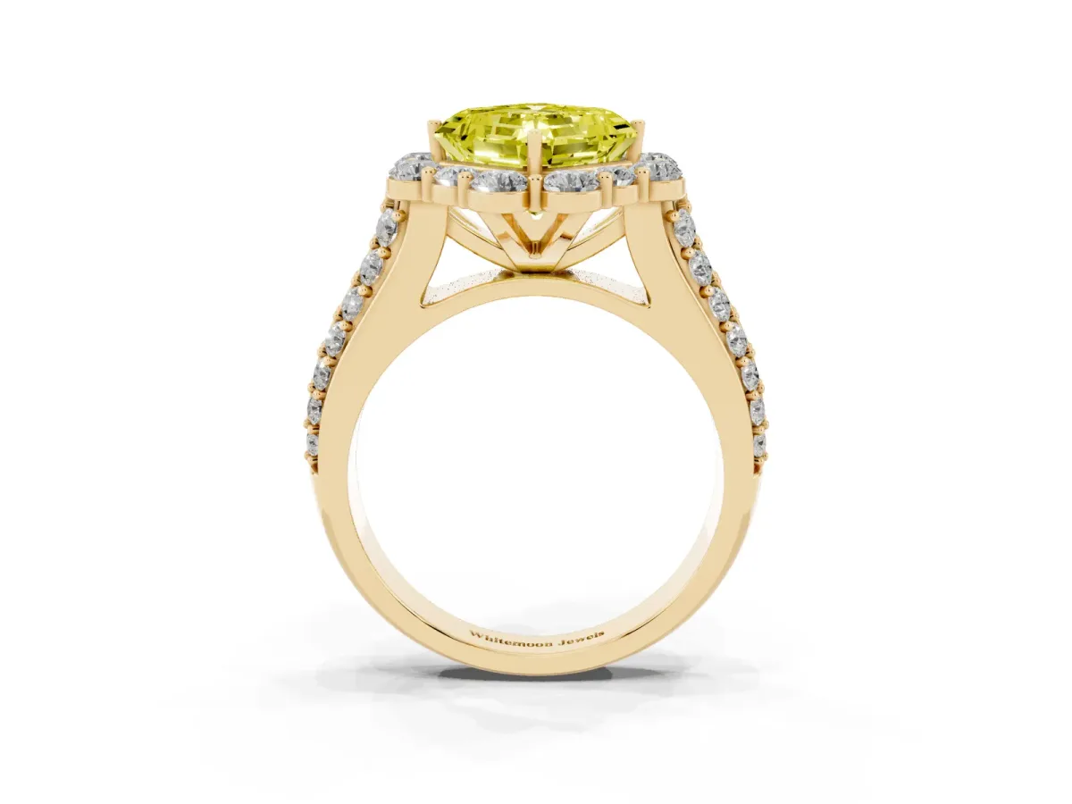 Fancy Yellow Asscher Cut Halo Diamond Engagement Ring with Split Shank and Prong Setting Yellow gold