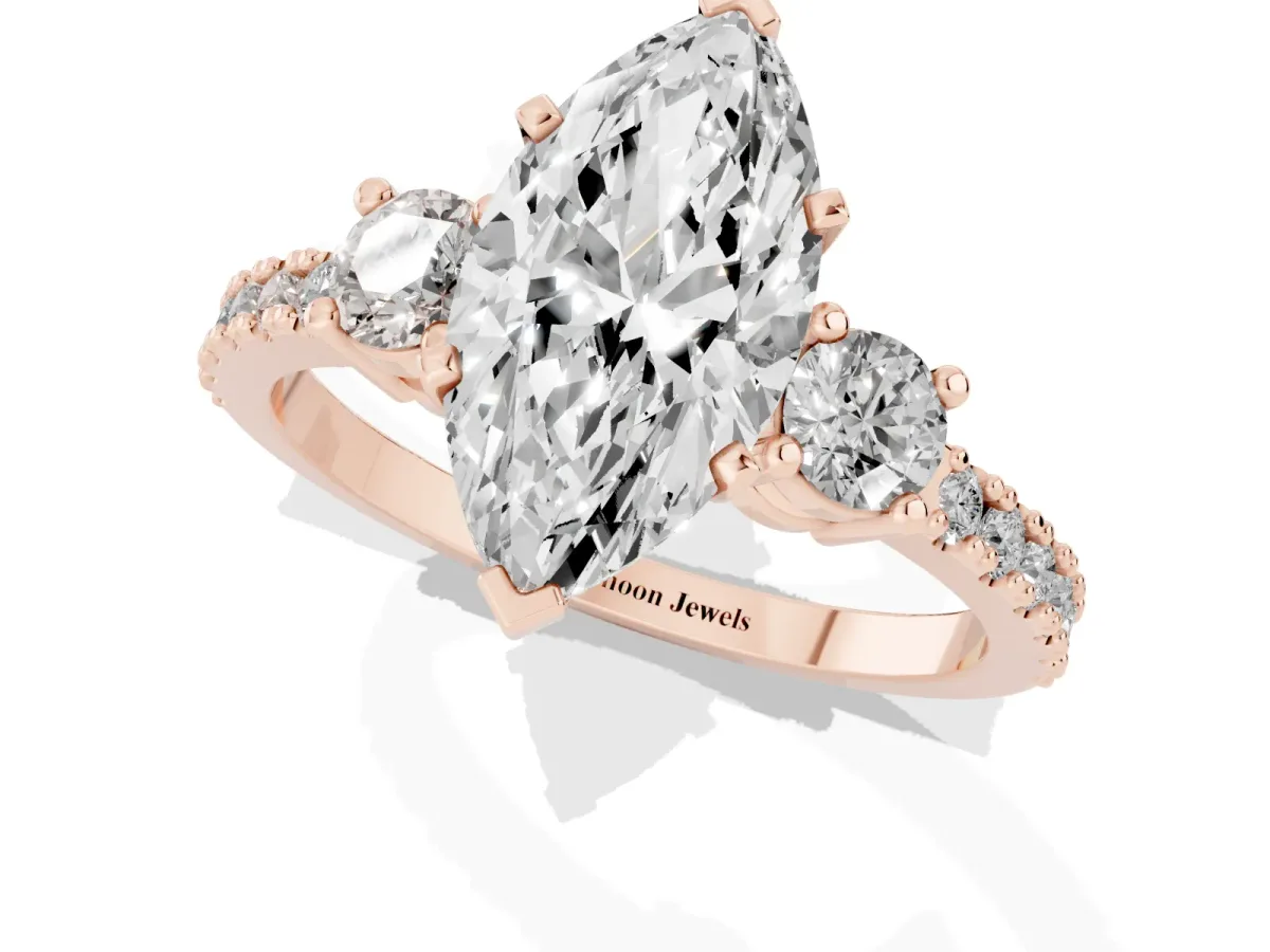 Marquise Cut Three-Stone Diamond Pavé Band with Prong Setting Rose gold