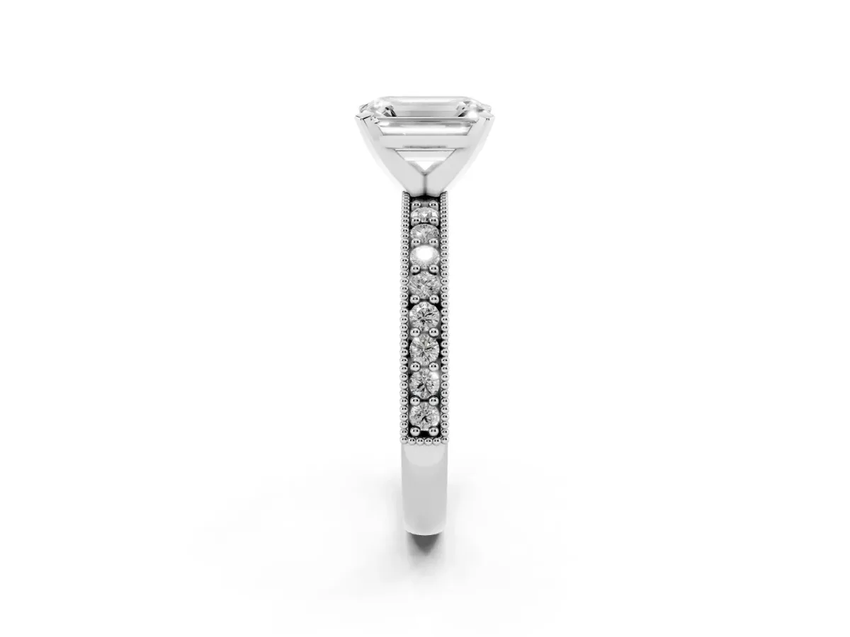 Emerald Cut Diamond Milgrain Pavé Engagement Ring with Four-Prong Setting Silver