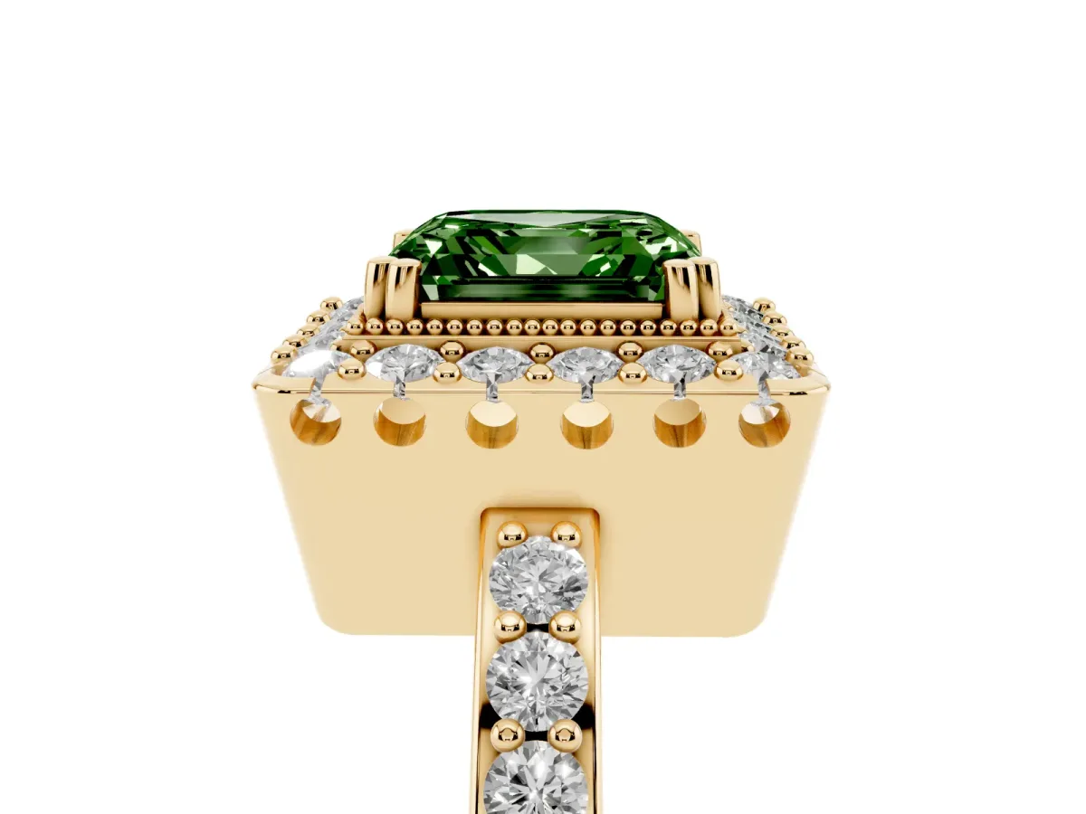 Fancy Green Asscher Cut Diamond Halo Ring with Pavé Band and Prong Setting Yellow gold