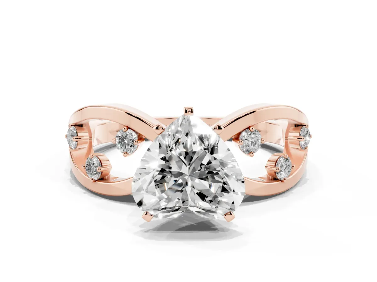 Heart Cut Cut Solitaire Diamond with Side Stones on Criss-Cross Band and Four-Prong Setting Rose gold