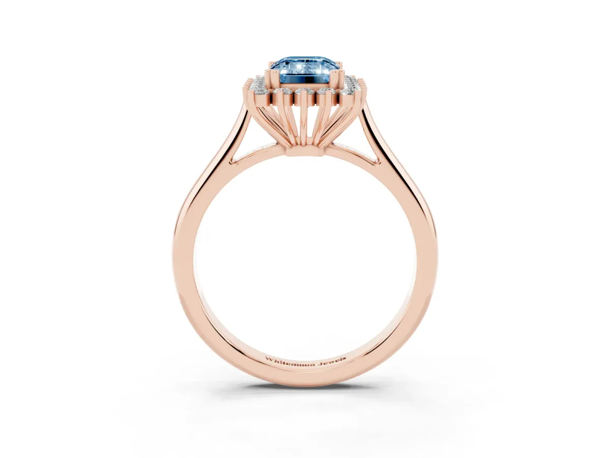 Fancy Blue Emerald Cut Cut Diamond Halo Ring with Solitaire Band and Prong Setting Rose gold
