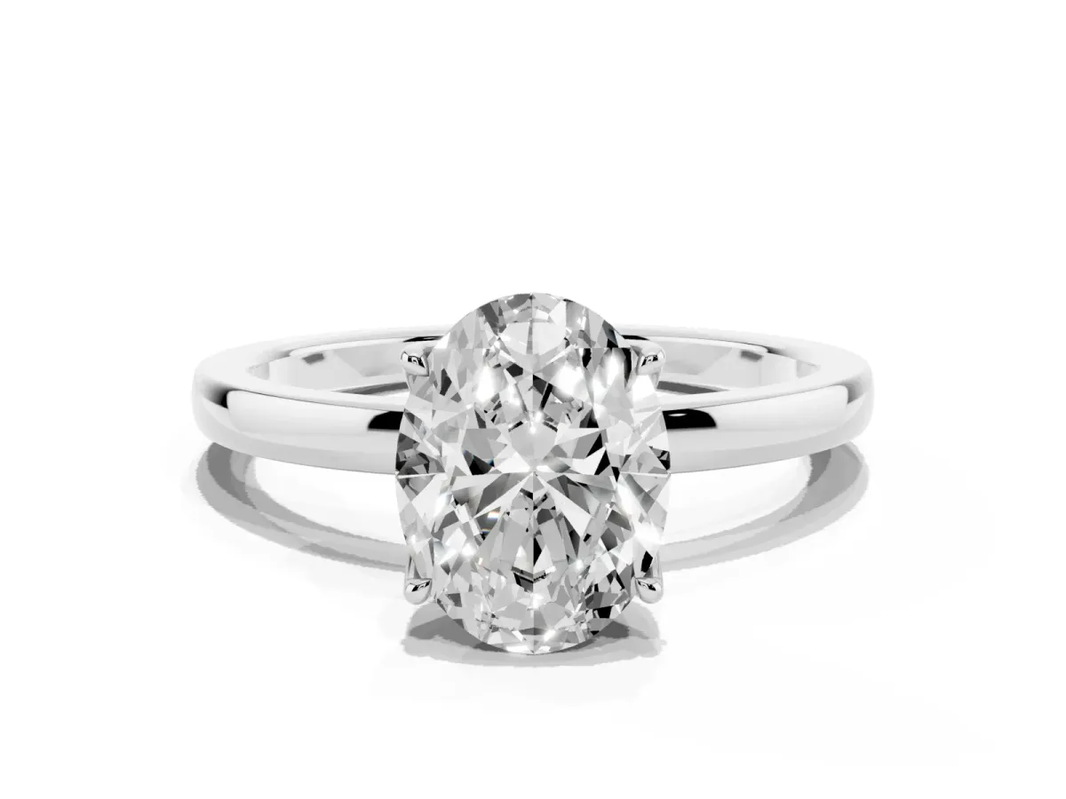 Oval Cut Diamond Solitaire Ring with Thin Band and Prong Setting Silver