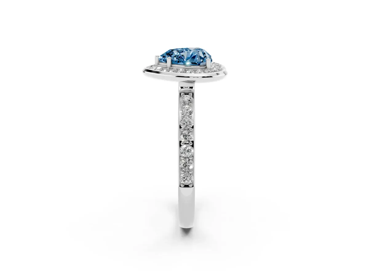 Fancy Blue Heart Cut Diamond Halo Ring with Bezel Frame and Pavé Band Silver