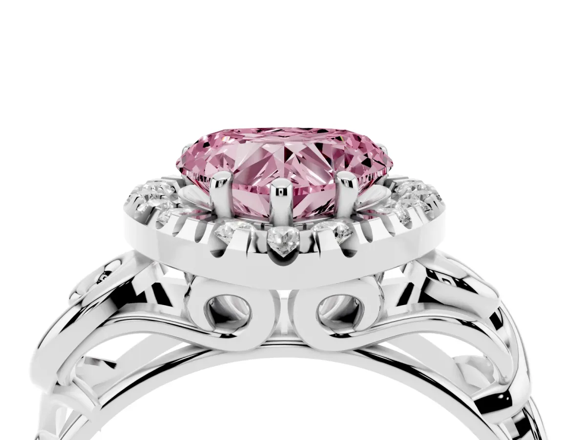 Fancy Pink Heart Cut Cut Halo Diamond Ring with Scrollwork Band and Four-Prong Setting Silver