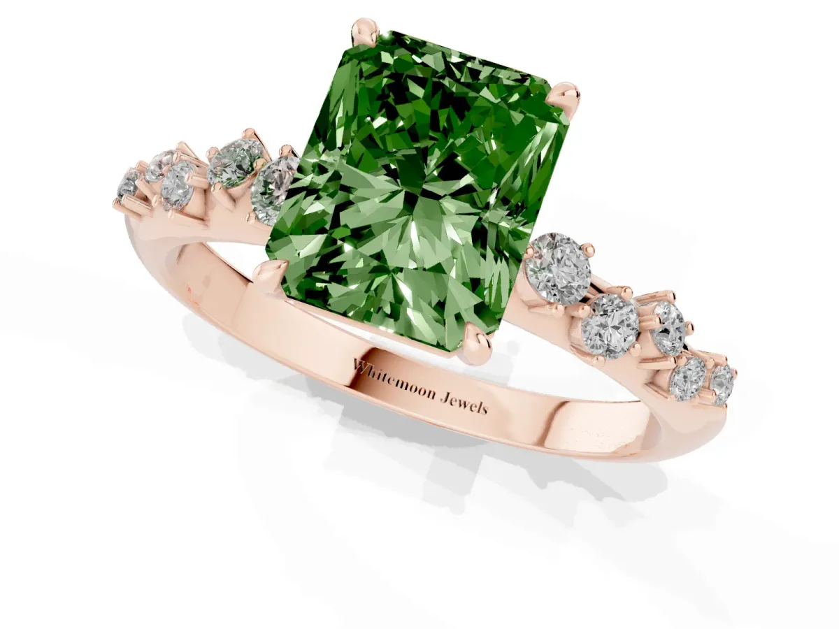 Fancy Green Radiant Cut Diamond Cluster Side Stone Solitaire Ring with Prong Setting Rose gold