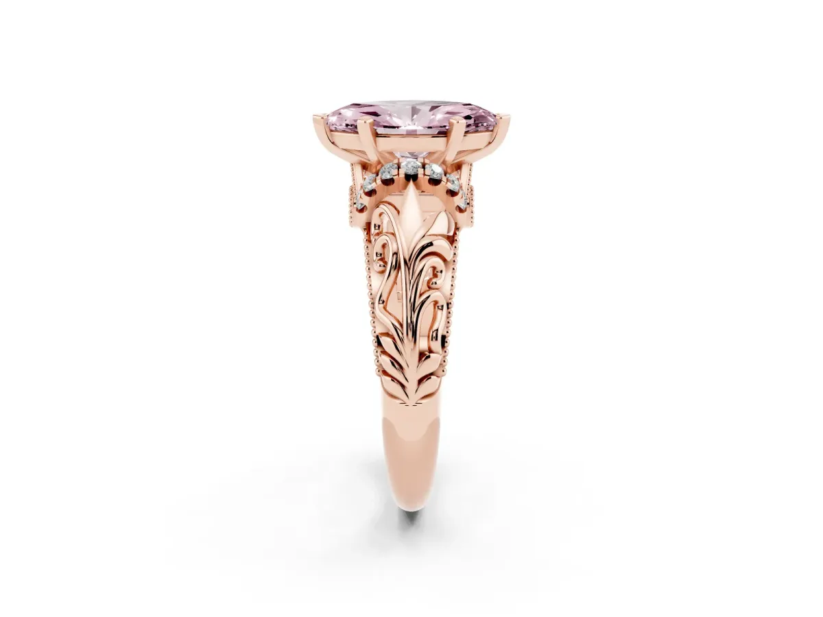 Fancy Pink Marquise Cut Solitaire Filigree Engagement Ring with Halo and Prong Setting Rose gold