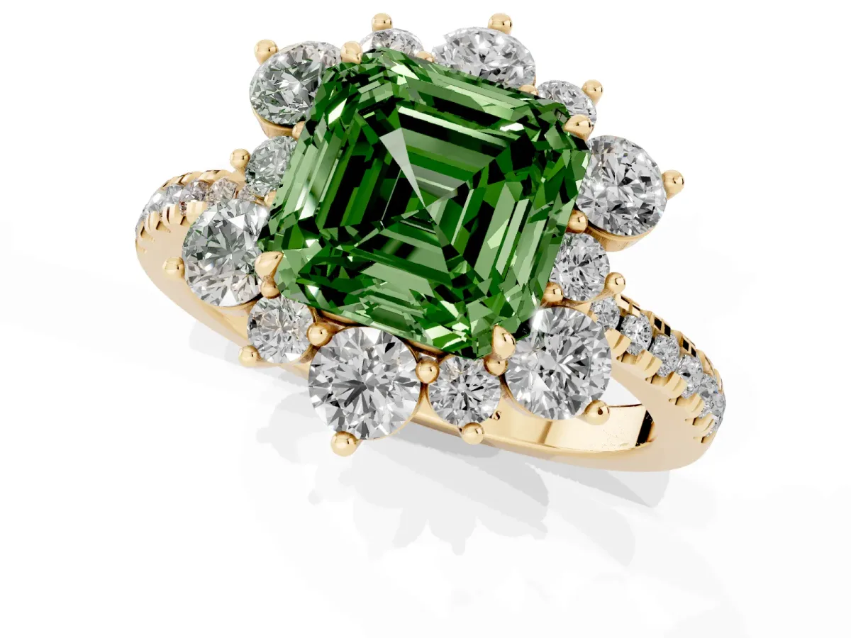 Fancy Green Asscher Cut Diamond Floral Halo Ring with Round Pavé Band and Prong Setting Yellow gold