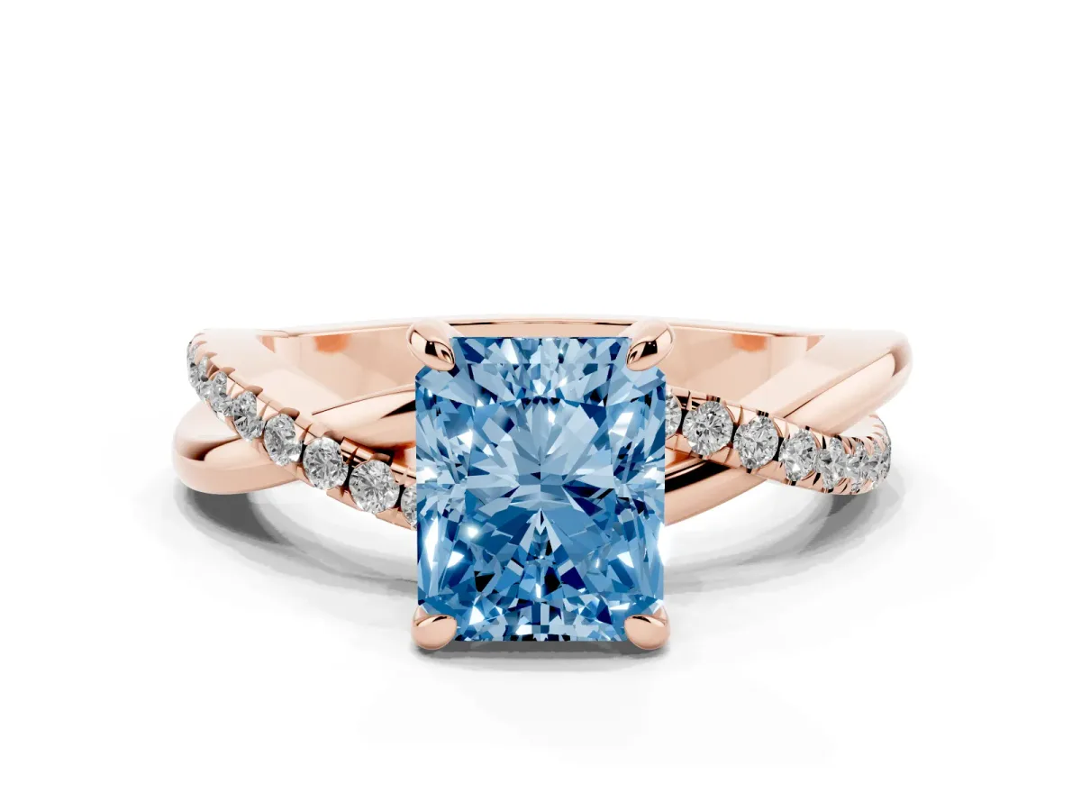 Fancy Blue Radiant Cut Cut Diamond Twist Band Solitaire with Prong Setting Rose gold