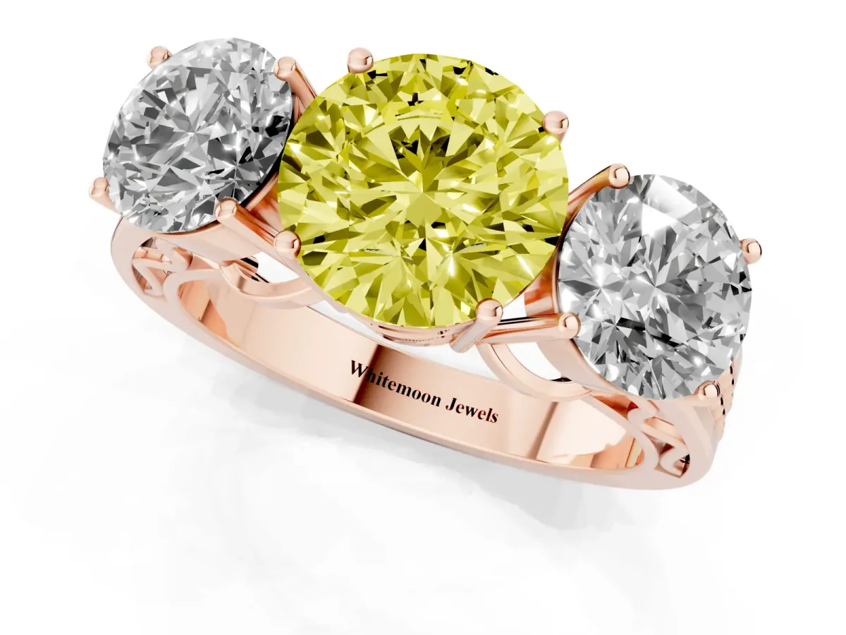 Fancy Yellow Round Cut Diamond Three-Stone Ring with Prong Setting and Textured Band Rose gold