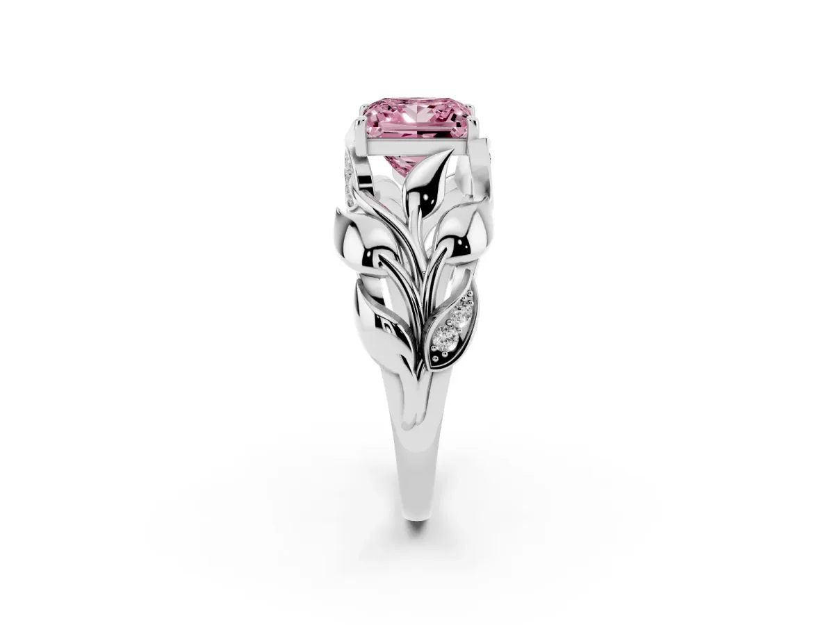 Fancy Pink Princess Cut Diamond Leaf-Inspired Engagement Ring with Round Accents and Prong Setting Platinum