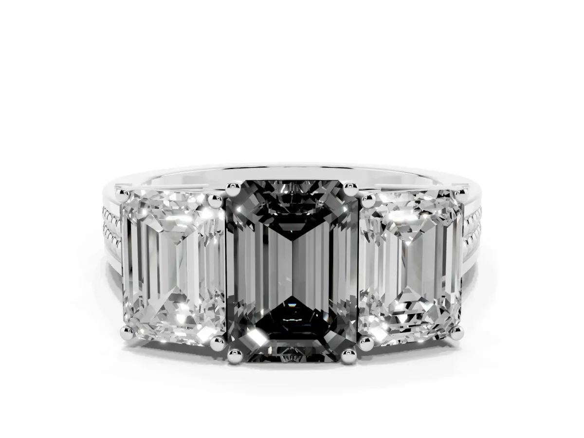 Fancy Black Emerald Cut Diamond Three-Stone Ring with Prong Setting and Textured Band Silver