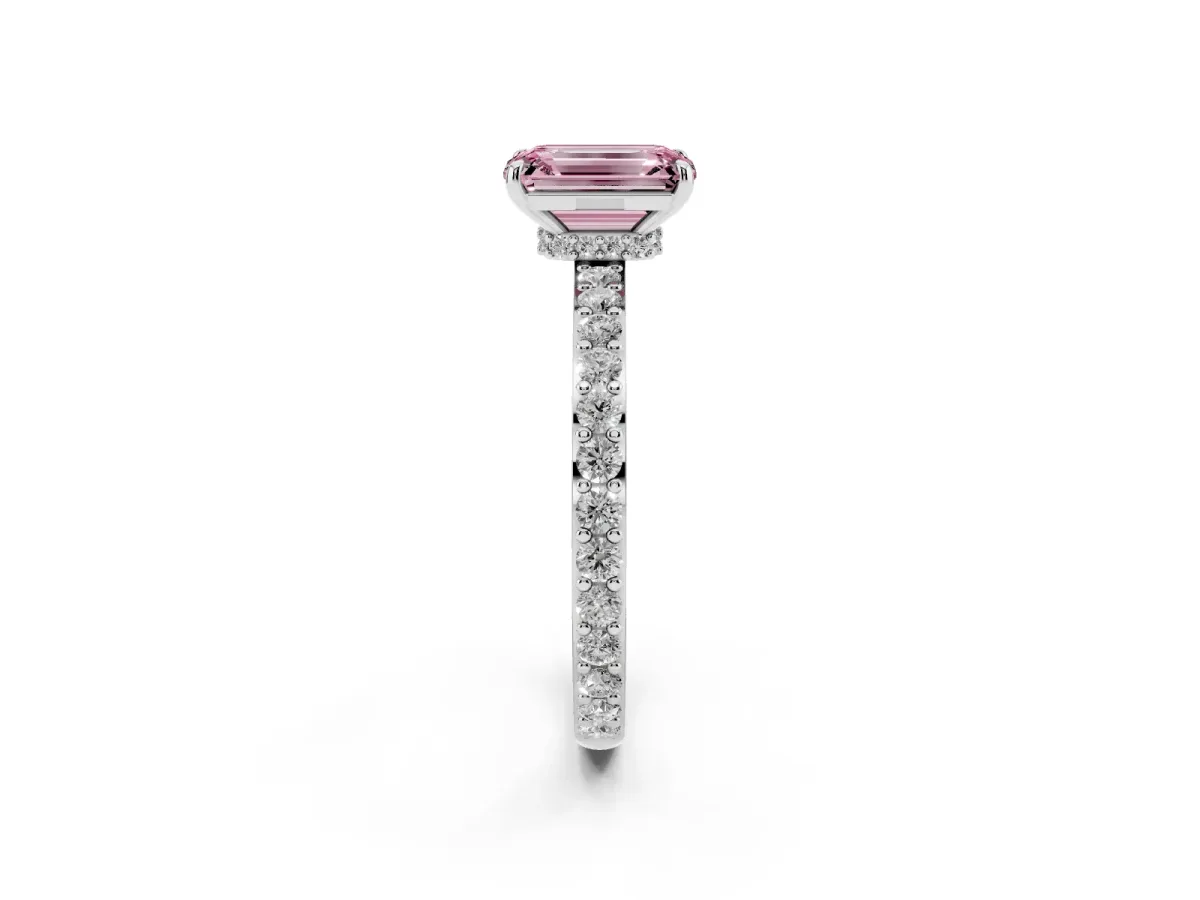 Fancy Pink Emerald Cut Diamond Solitaire Engagement Ring with Pavé Band and Four-Prong Setting Silver