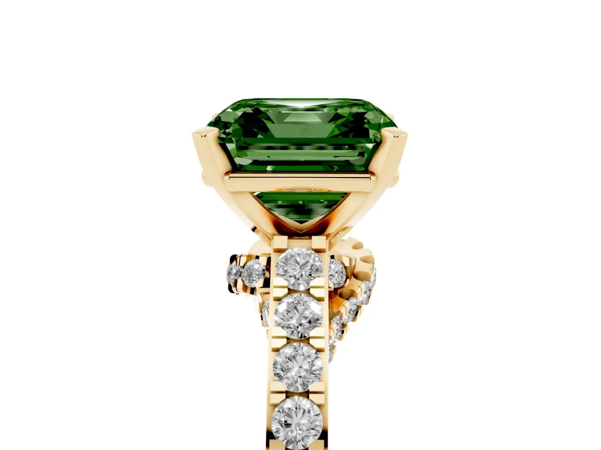 Fancy Green Asscher Cut Diamond Solitaire Ring with Crossover Gallery and Round Pavé Band Yellow gold