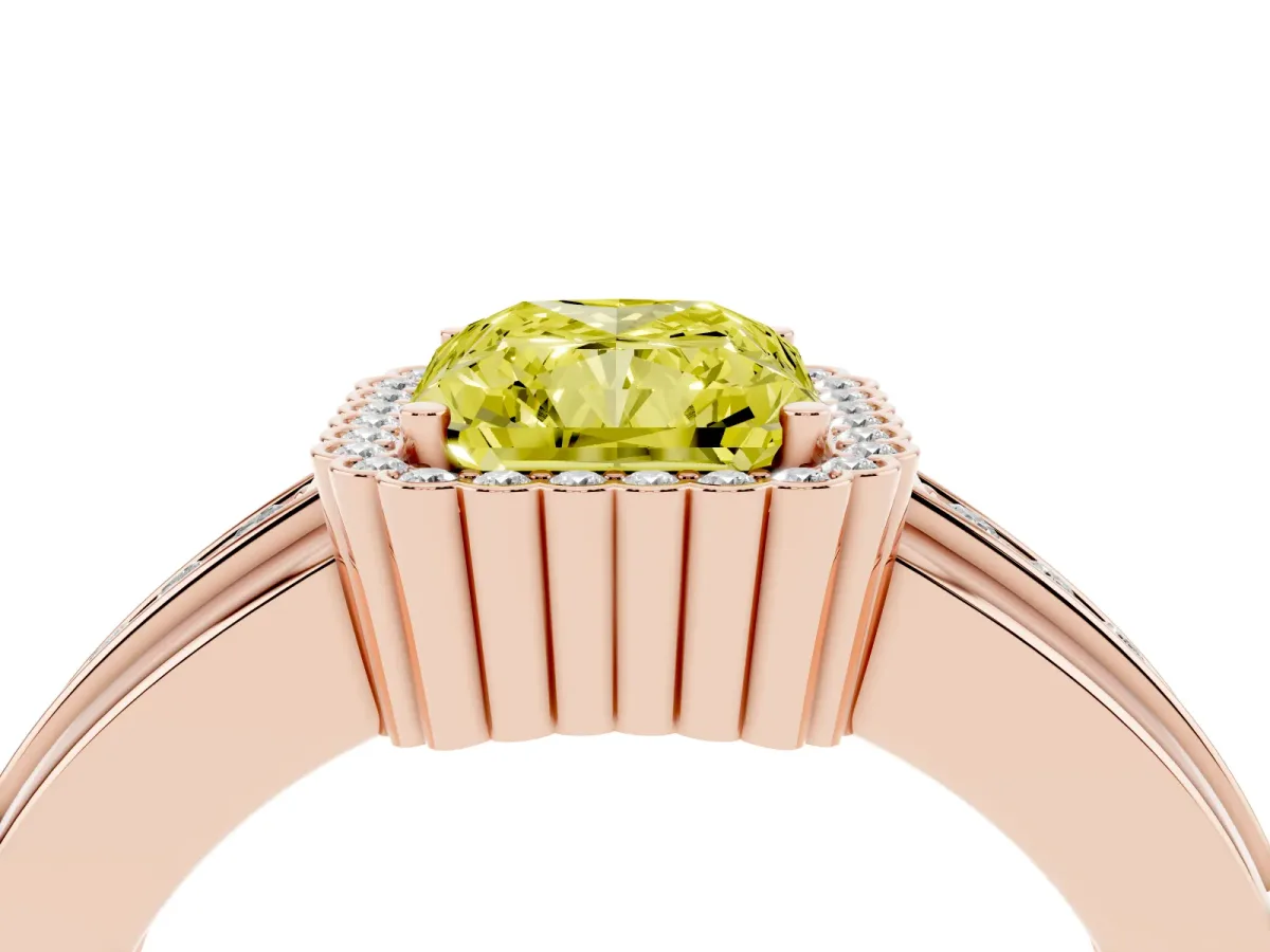 Fancy Yellow Radiant Cut Cut Halo Pave Band Four-Prong Ring Rose gold