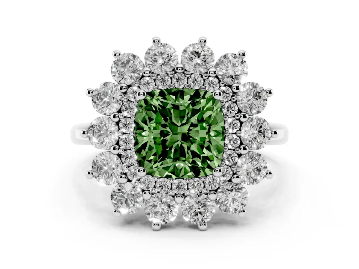 Fancy Green Cushion Cut Diamond Floral Double Halo Engagement Ring with Prong Setting Platinum