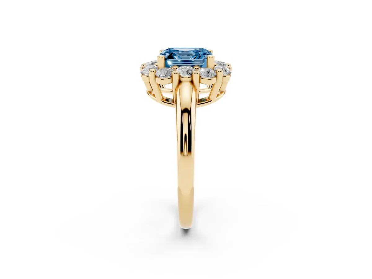 Fancy Blue Asscher Cut Halo Cluster Diamond Engagement Ring with Prong Setting and Polished Band Yellow gold