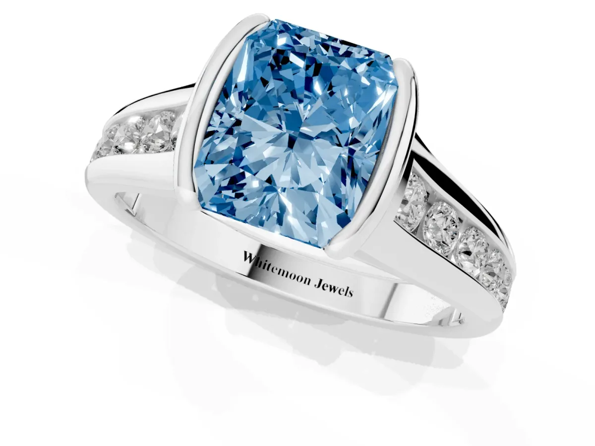 Fancy Blue Radiant Cut Solitaire Bezel-Set Diamond Ring with Channel-Set Band Silver