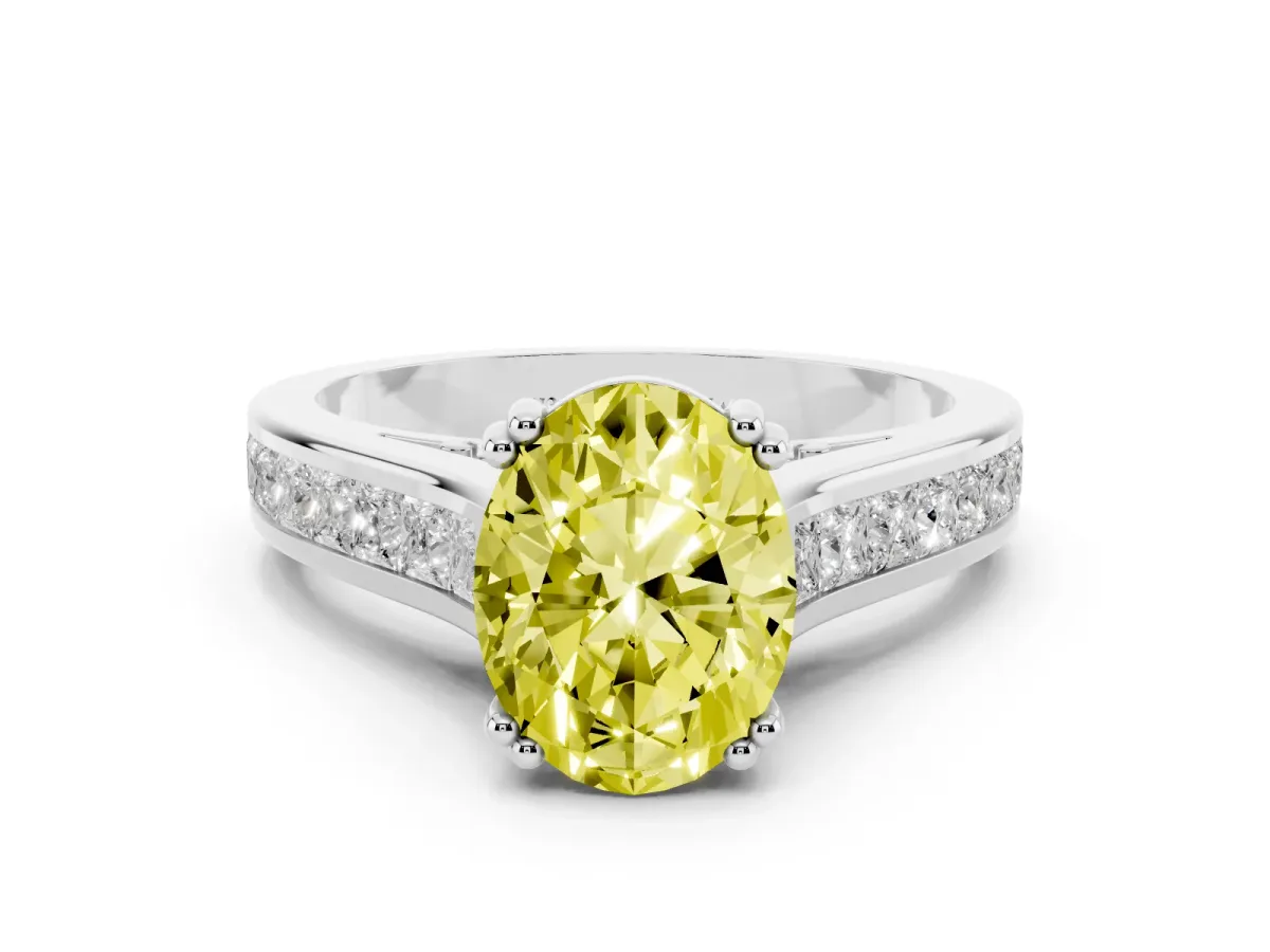 Fancy Yellow Oval Cut Cut Channel Set Solitaire Engagement Ring with Prong Setting Silver