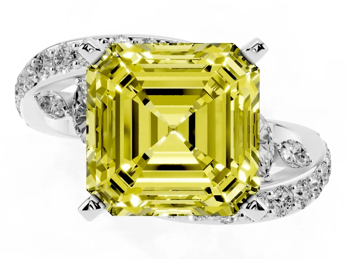 Fancy Yellow Asscher Cut Solitaire with Pavé Twist Band and Four-Prong Setting Platinum
