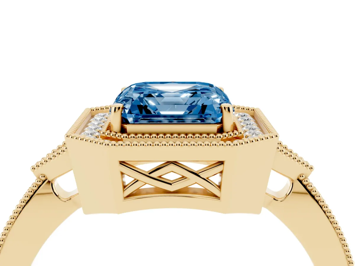 Fancy Blue Asscher Cut Halo Round Diamond Milgrain Pave Engagement Ring Yellow gold