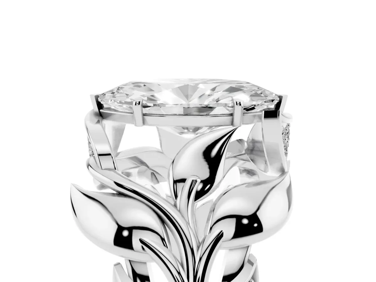 Marquise Cut Diamond Leaf-Inspired Engagement Ring with Round Accents and Prong Setting Platinum