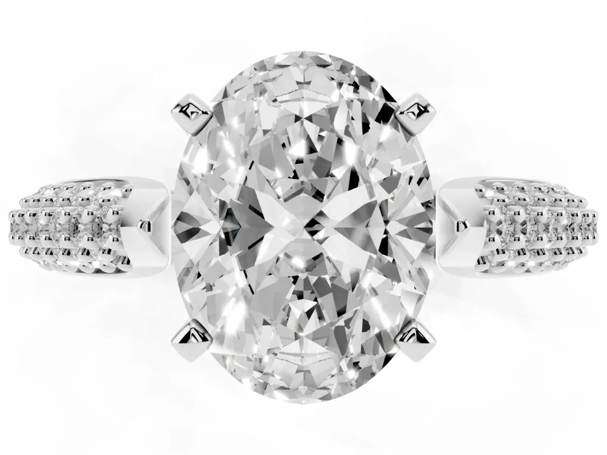 Oval Cut Diamond Solitaire Engagement Ring with Multi-Row Round Pavé Band and Prong Setting Silver
