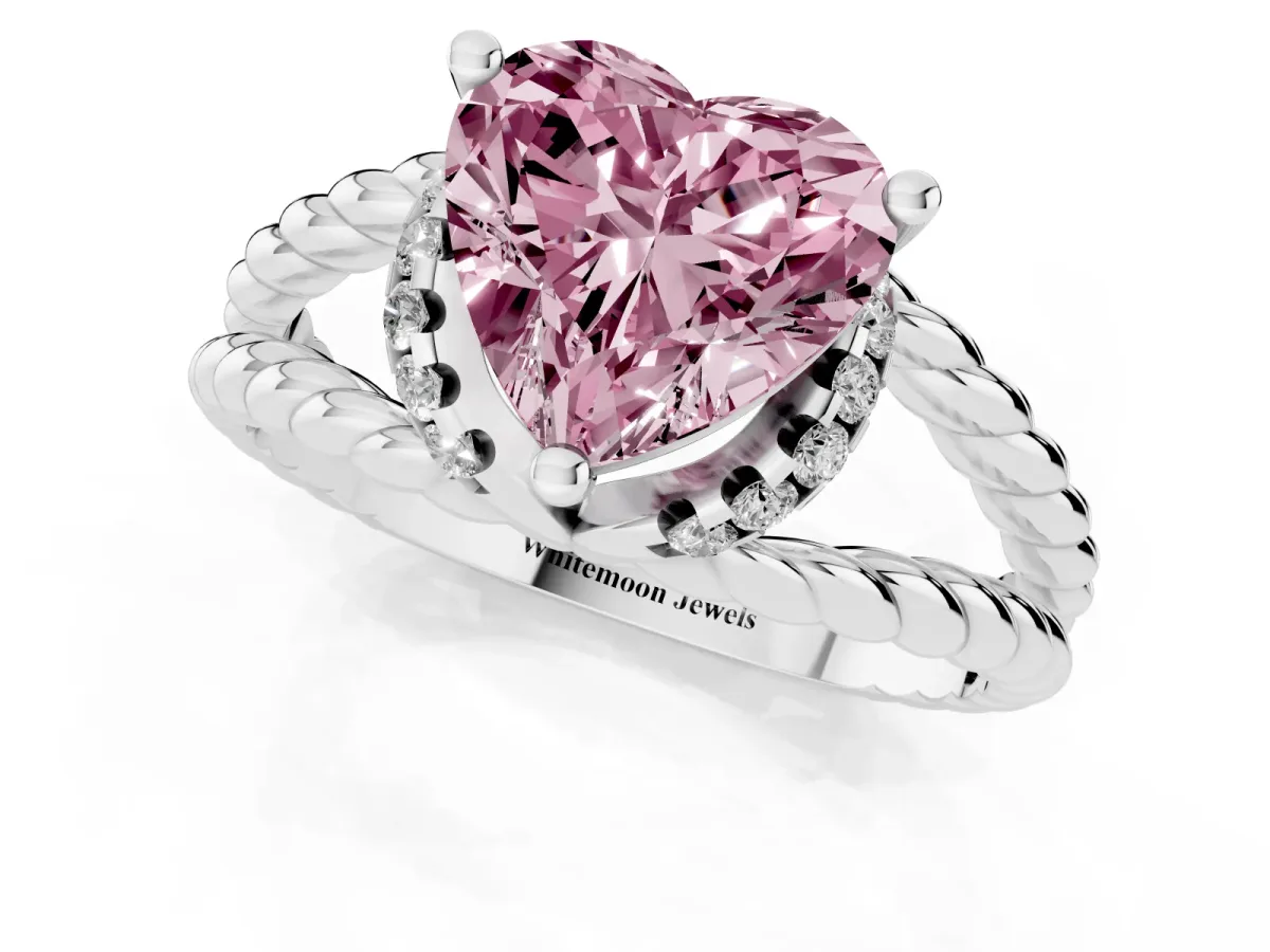 Fancy Pink Heart Cut Halo Twisted Band Four-Prong Ring Silver