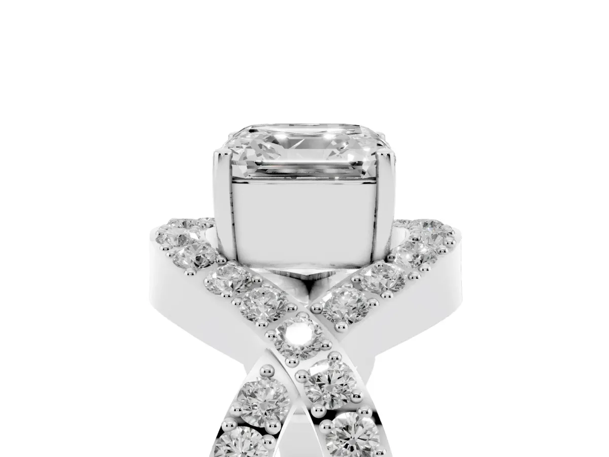 Asscher Cut Solitaire Twist Band Pavé Diamond Engagement Ring Silver
