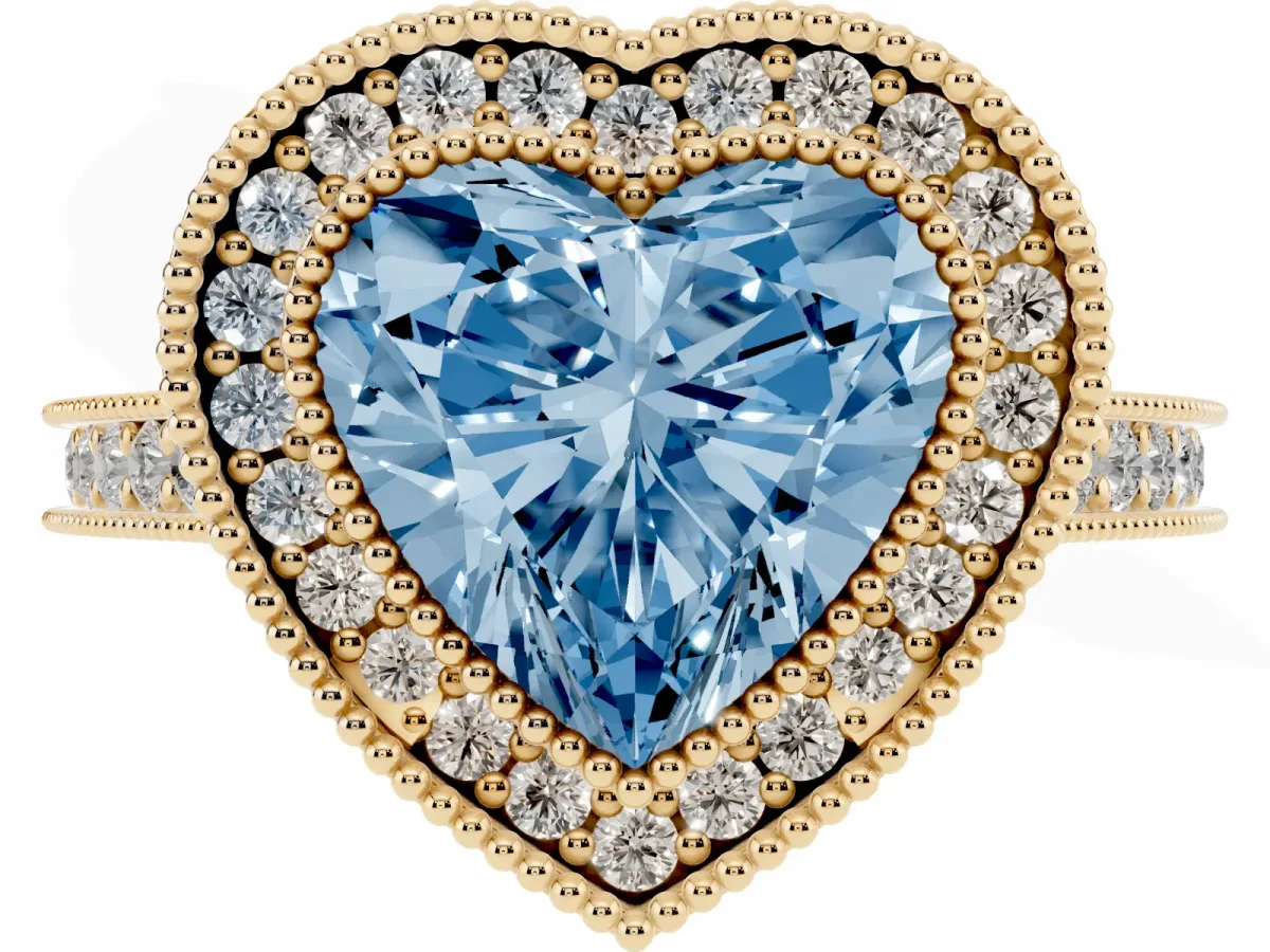 Fancy Blue Halo Heart Cut-Cut Diamond Pave Band Milgrain Prong Setting Ring Yellow gold