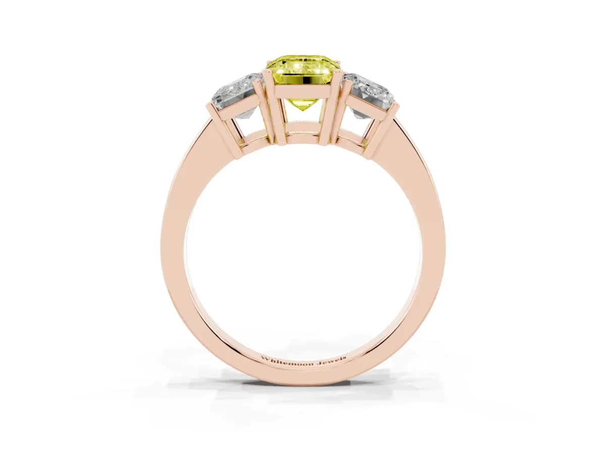 Fancy Yellow Three-Stone Emerald Cut Cut Diamond Engagement Ring with Flat Band and Four-Prong Setting Rose gold