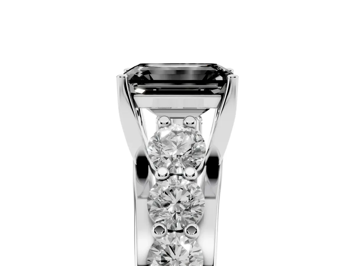 Fancy Black Emerald Cut Diamond Engagement Ring with Pavé Band and Four-Prong Setting Silver