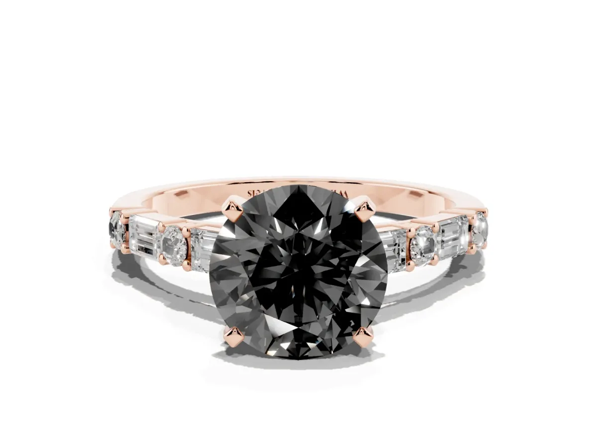 Fancy Black Round Cut Diamond Solitaire with Side Baguettes and Channel Set Band Rose gold