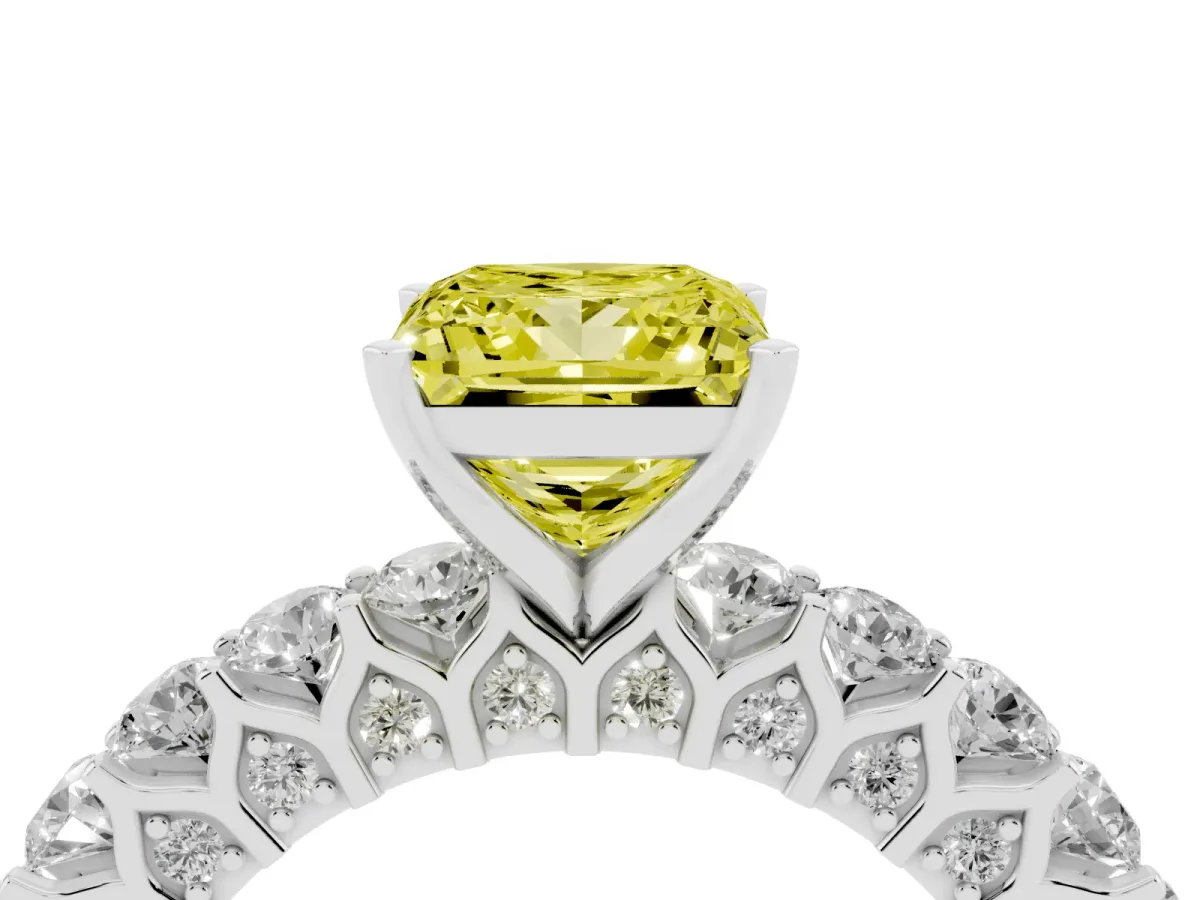 Fancy Yellow Princess Cut Diamond Solitaire Ring with Shared Prong Pavé Band and Four-Prong Setting White gold