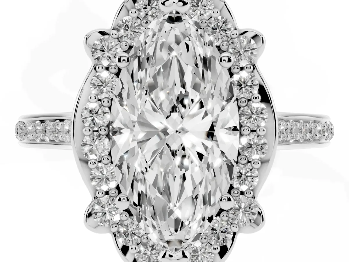 Marquise Cut Halo Round Diamond Pave Band with Four-Prong Setting Silver