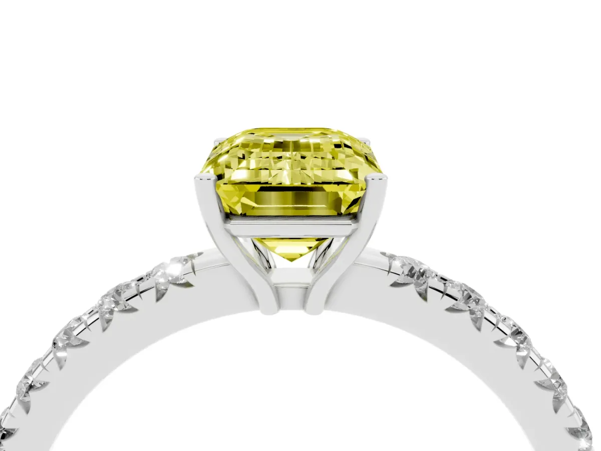 Fancy Yellow Emerald Cut Diamond Pavé Solitaire Engagement Ring with Four-Prong Setting Silver