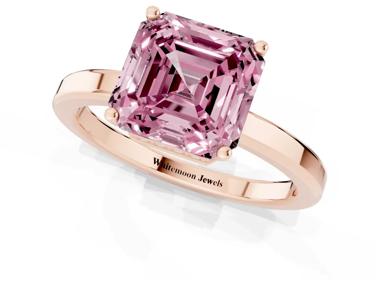 Fancy Pink Asscher Cut Cut Solitaire Engagement Ring with Four-Prong Setting on a Classic Band Rose gold