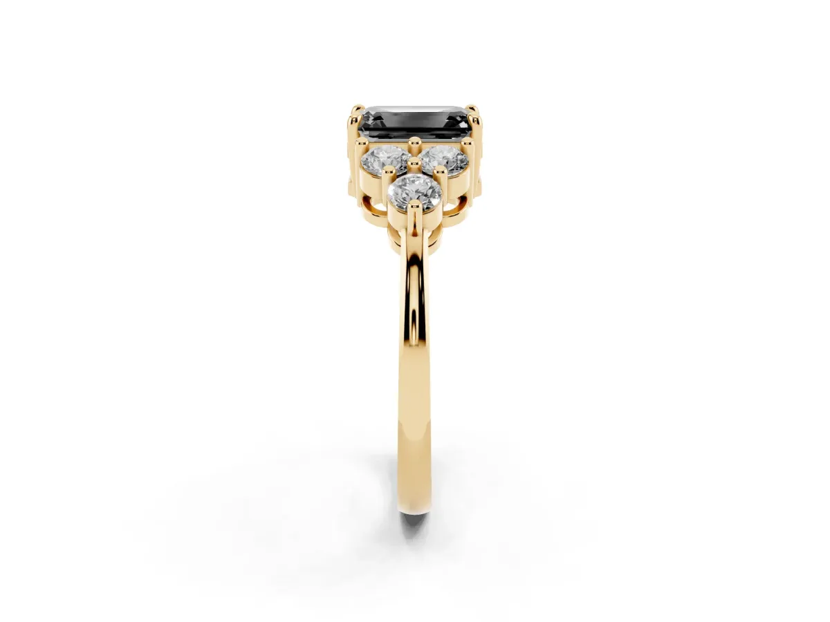 Fancy Black Emerald Cut Brilliant Diamond Cluster Accent Solitaire Ring with Prong Setting Yellow gold