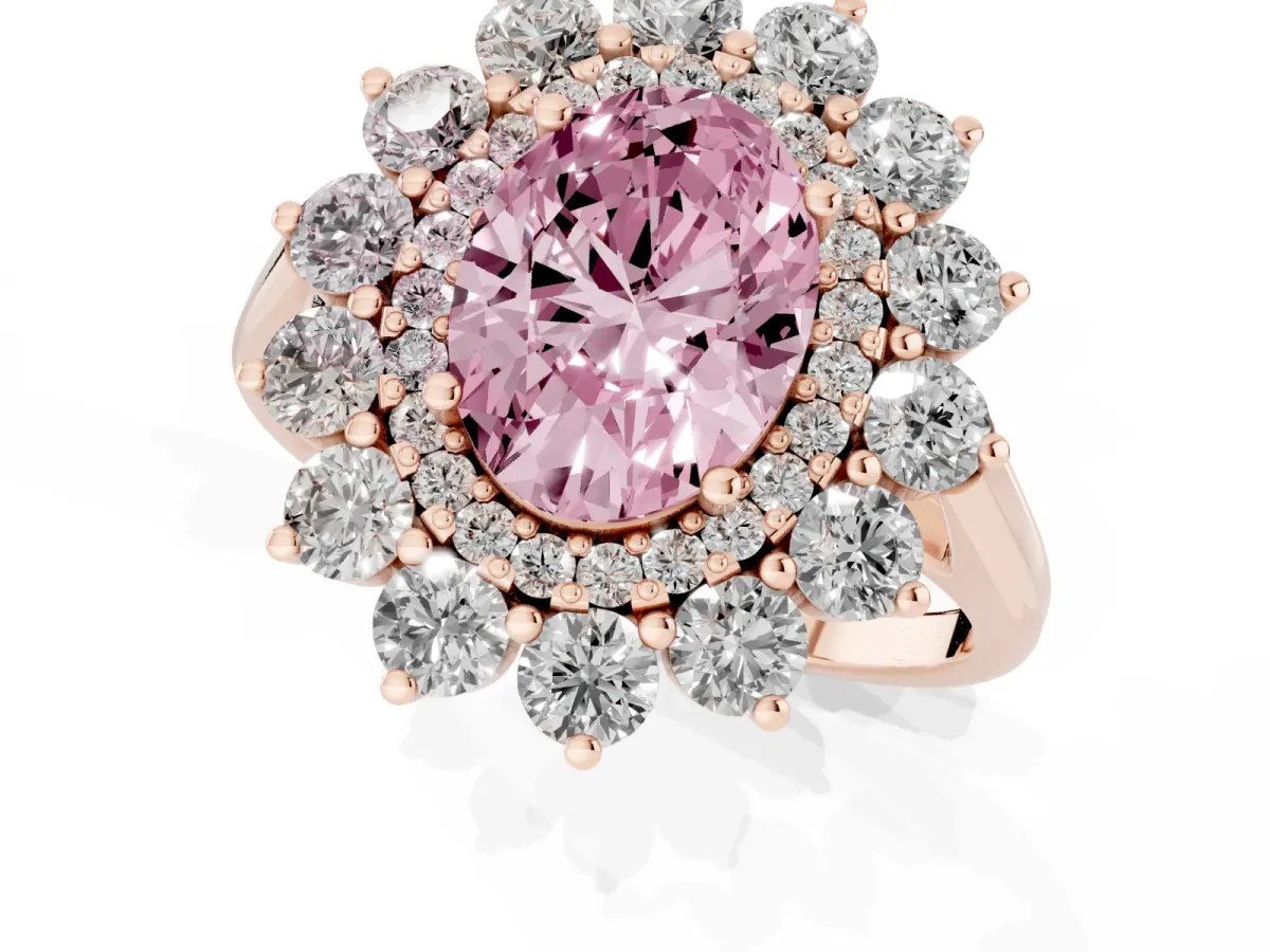 Fancy Pink Oval Cut Diamond Floral Double Halo Engagement Ring with Prong Setting Rose gold