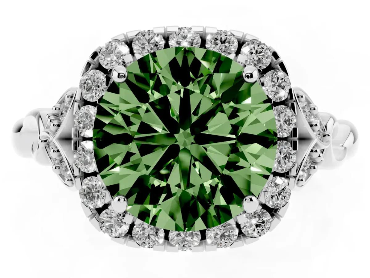 Fancy Green Round Cut Halo Diamond Engagement Ring with Vintage-Inspired Band and Four-Prong Setting Silver