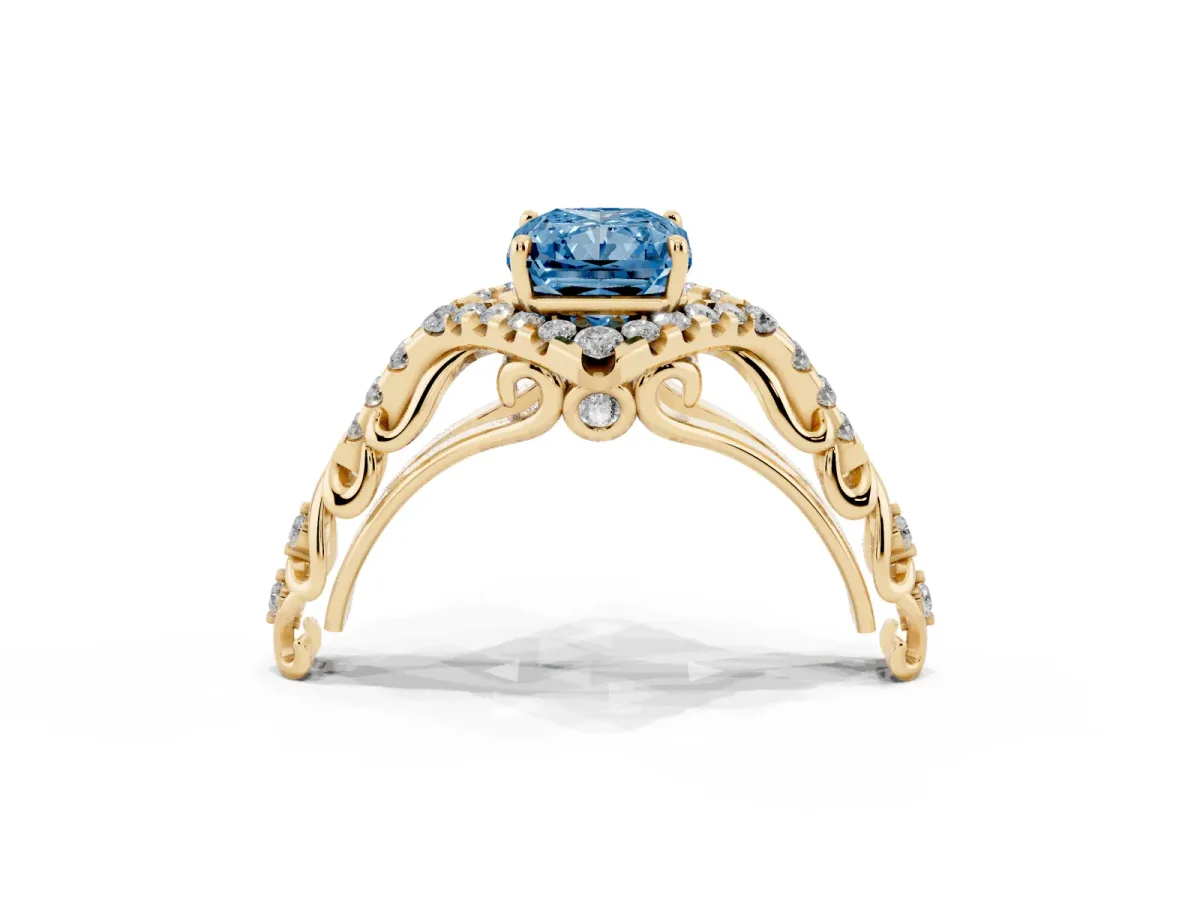 Fancy Blue Radiant Cut Diamond Solitaire Ring with Hidden Halo and Pavé Band Yellow gold